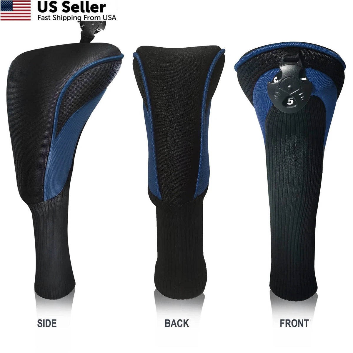 3X Golf Club Head Covers for Fairway Woods Driver Hybrids - Black Blue