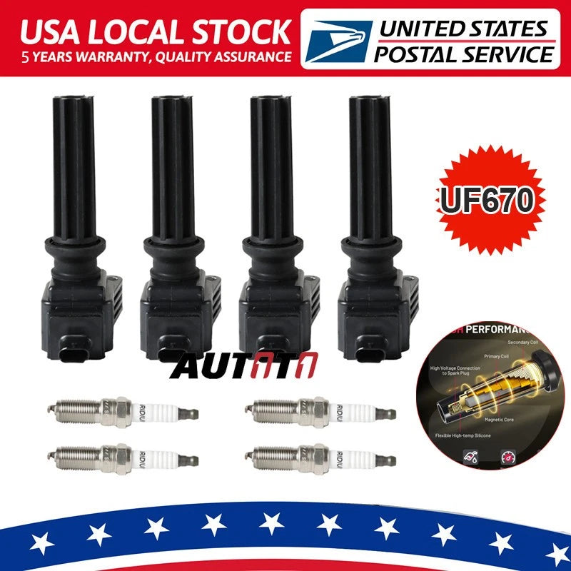 Set of 4 Ignition Coils & Spark Plugs for Ford Fusion Focus Explorer (2013–2020) UF670