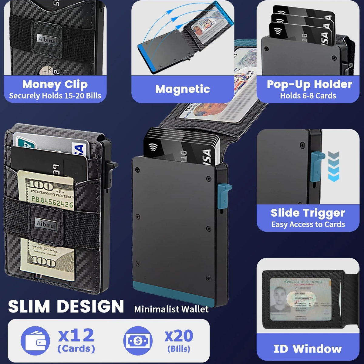 Slim Wallet for Men - Pop Up Money Holder, Black