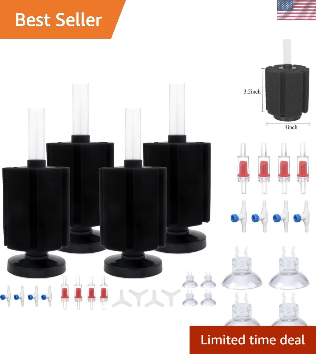 Set of 4 Sponge Filters with Check Valves for Fish Tanks (20-50 Gal)