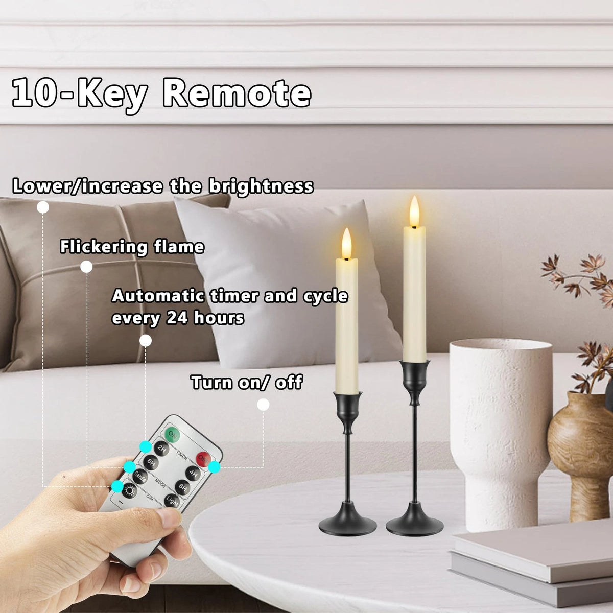 Set of 4 Flameless Taper Candles with Remote, Ivory