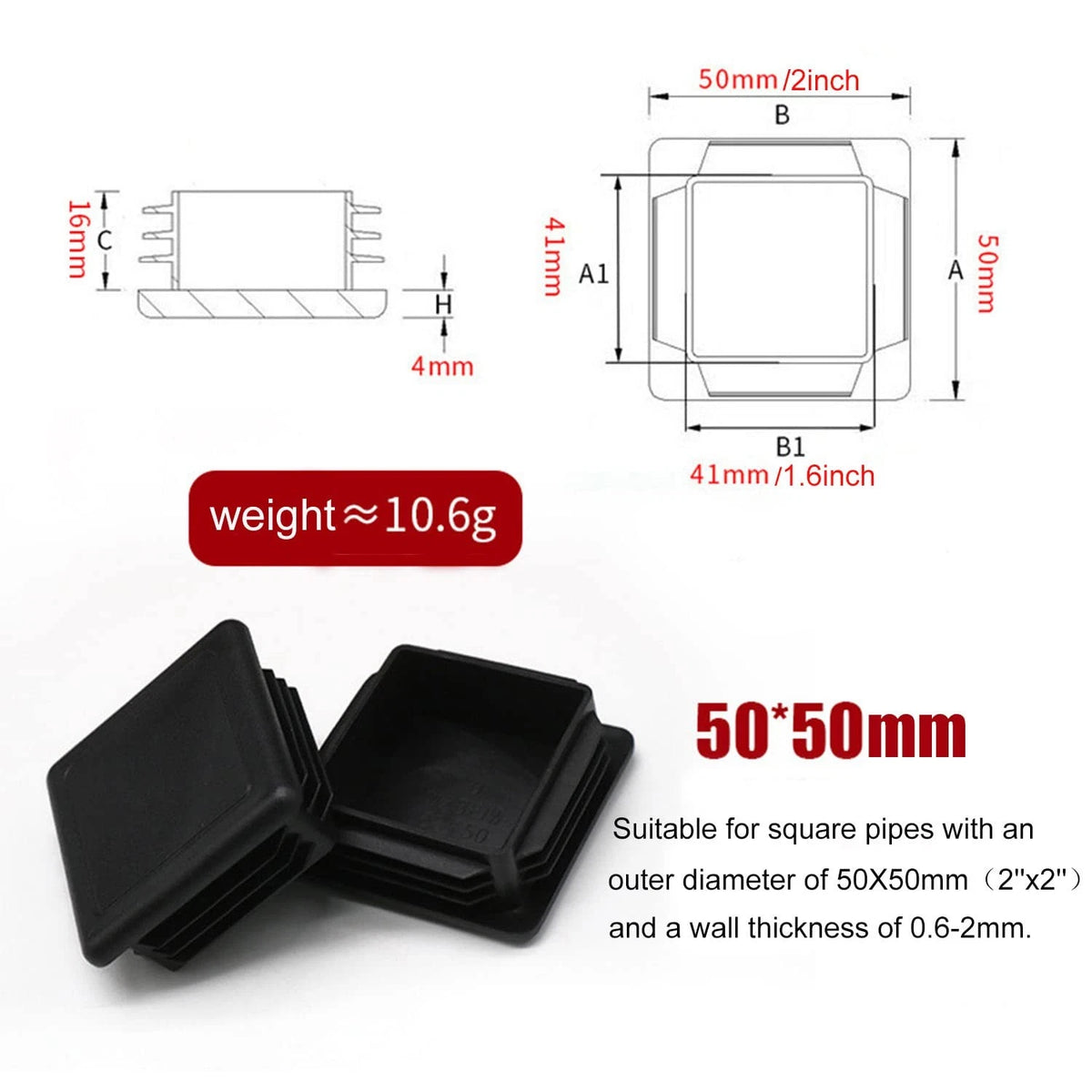 2 Inch Square Tubing End Cap Plug for 2"x2" Tubing (No Specific Years)
