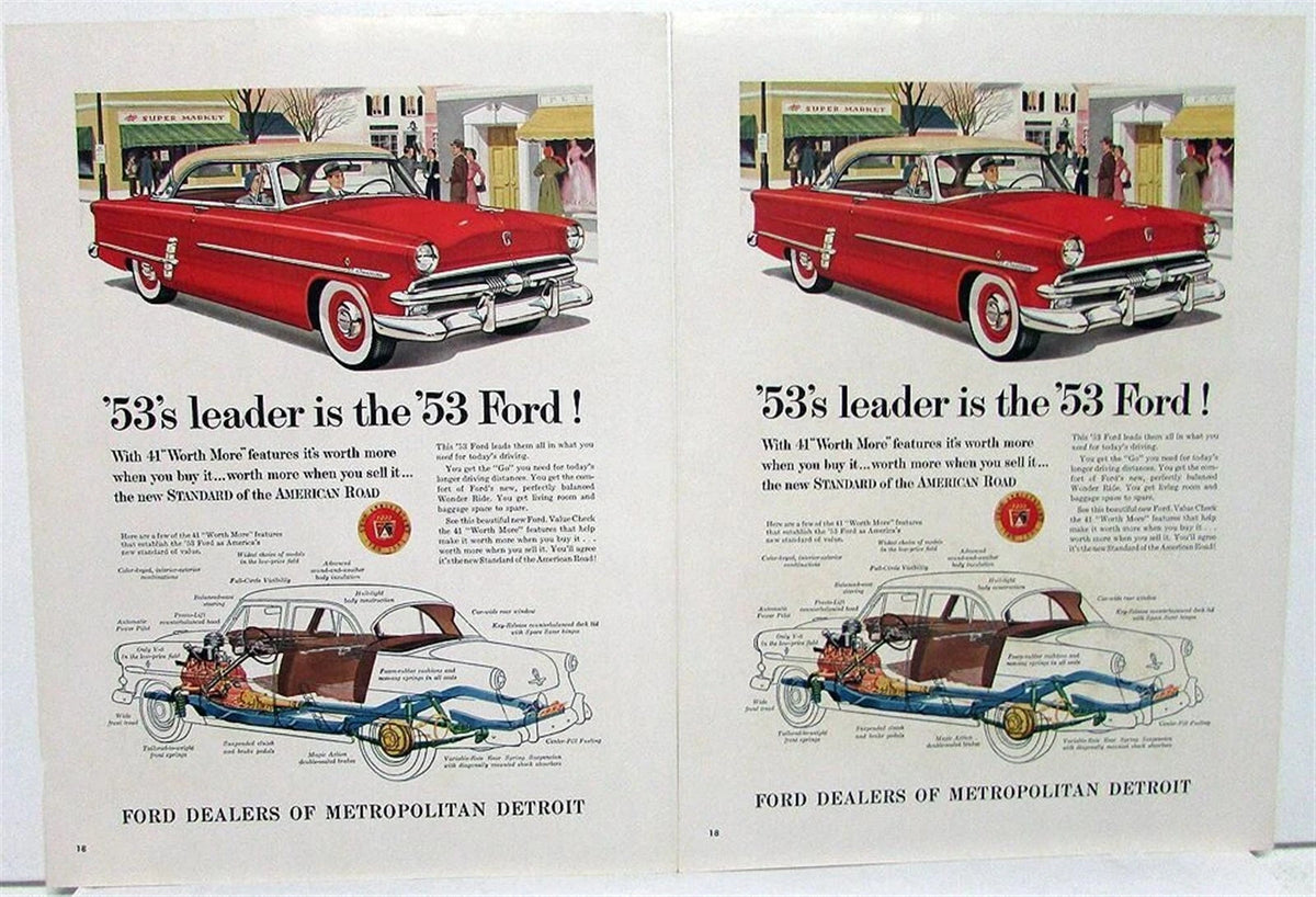 Pair of Original Advertising Ads for 1953 Ford V8 Crestline 9x12