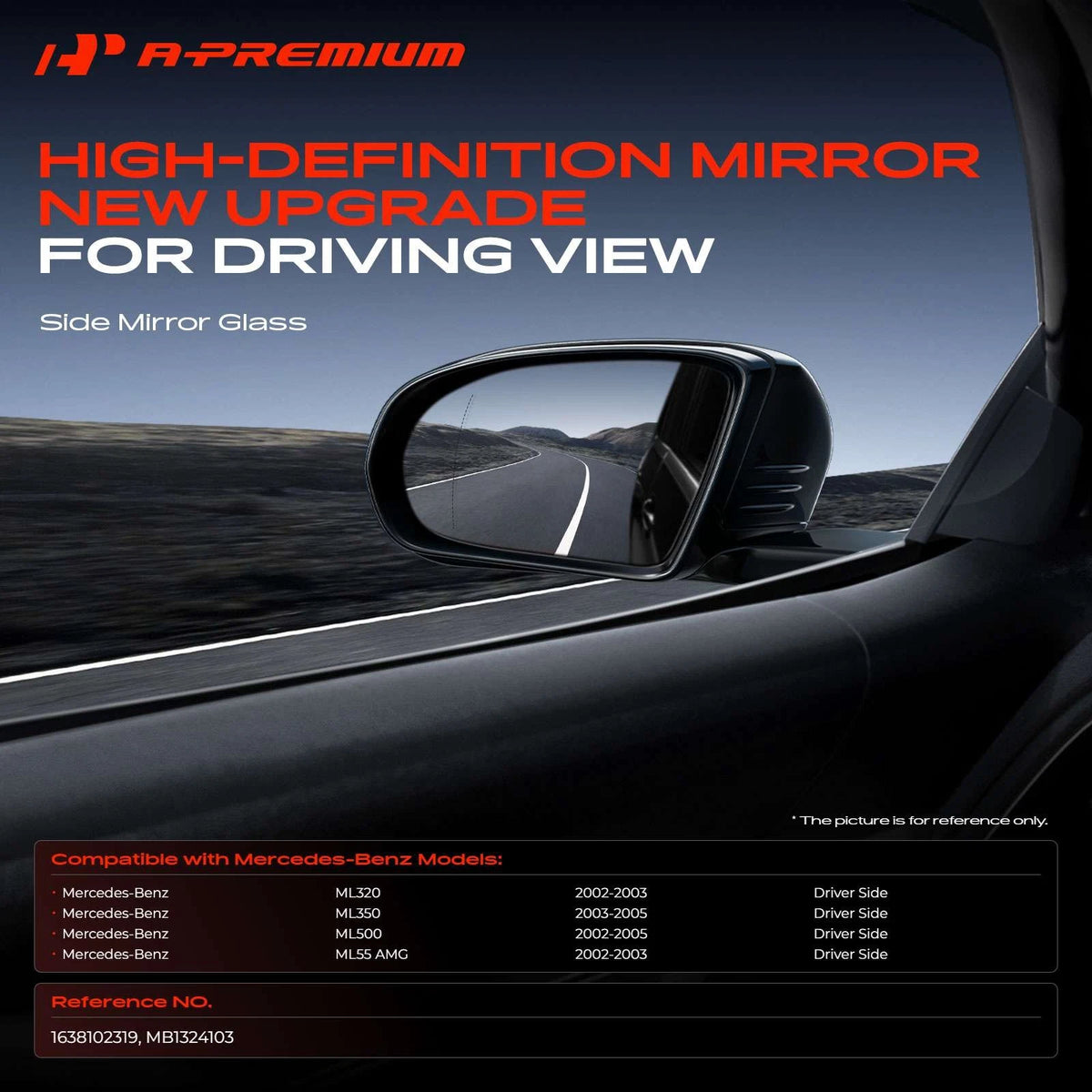 Heated Driver Power Mirror Glass for Mercedes-Benz ML320 ML350 (1998–2005) - 1638102319, MB1324103