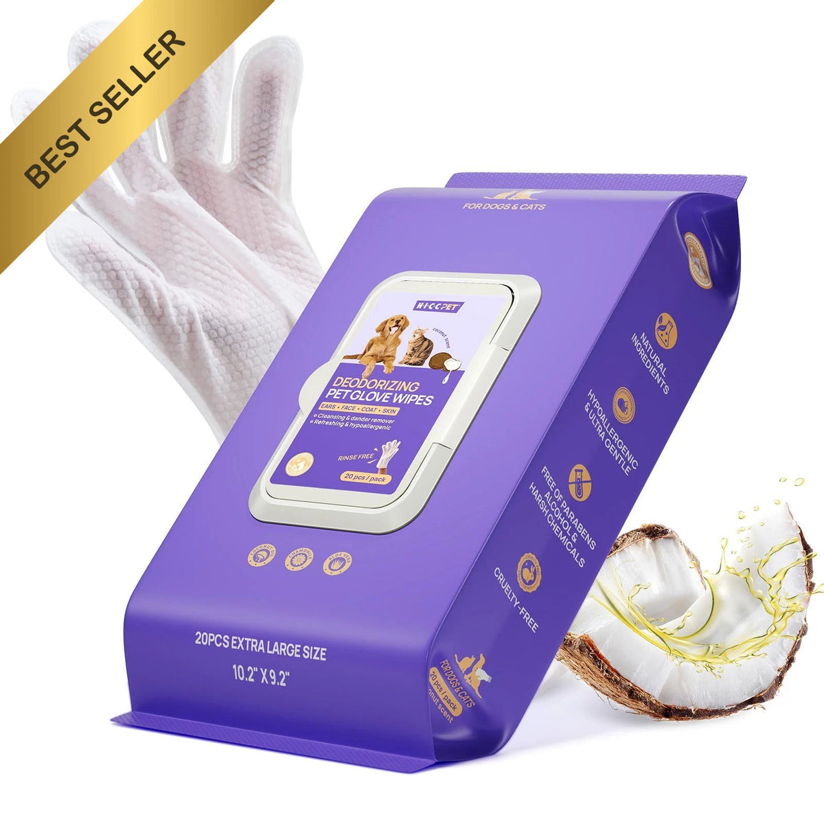 20 Pack Pet Cleaning Wipes for Dogs, Cats, Horses - Deodorizing Glove Wipes