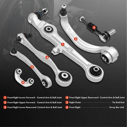 Set of 6 Front Control Arms w/ Ball Joints for Audi A4 (2002–2008) - 8E0407151E, 8E0407151K, 8E0411318