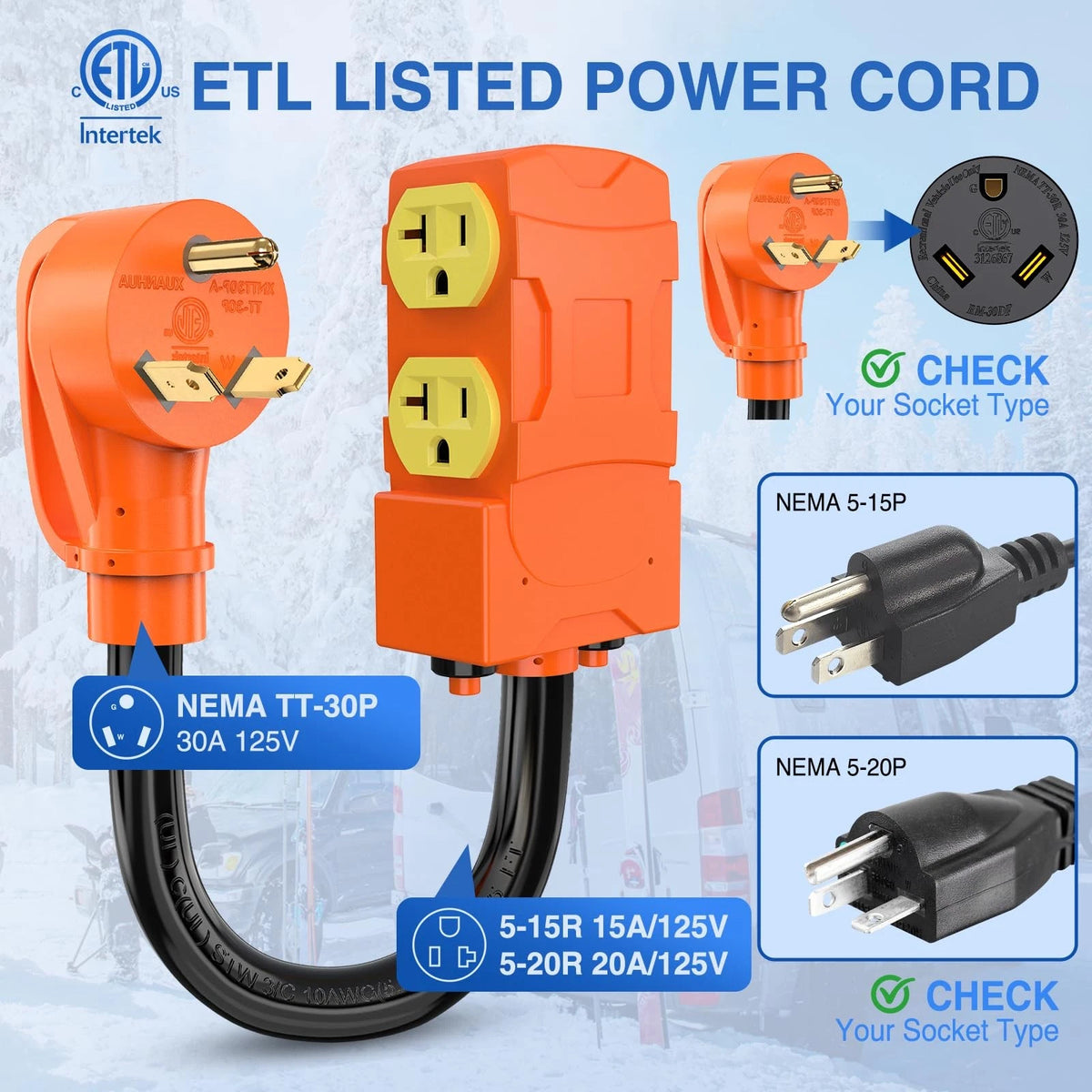 30 Amp to 20 Amp RV Adapter for RV TT-30P 5-15R/5-20R (50584RV)