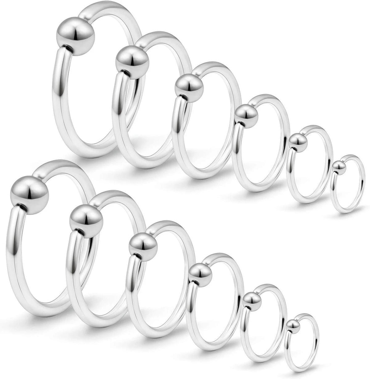 12X Stainless Steel Captive Bead Nose Rings Hoop (Silver)