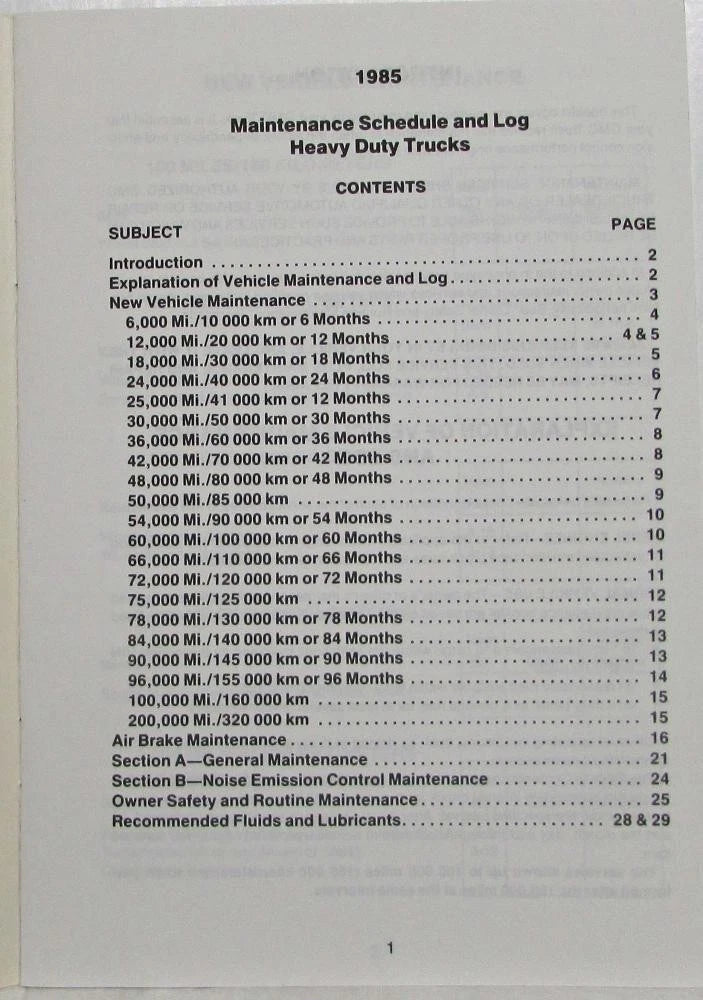 Maintenance Schedule Booklet for GMC Heavy Duty Truck (1985)