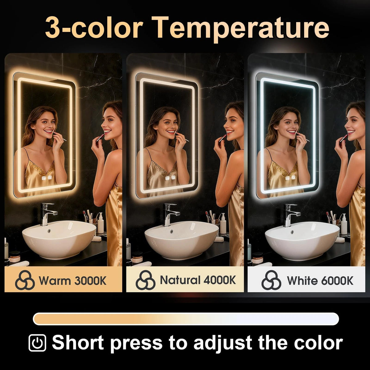 LED Bathroom Mirror 16 x 24 Inch, 3 Light Modes (Touch Control)