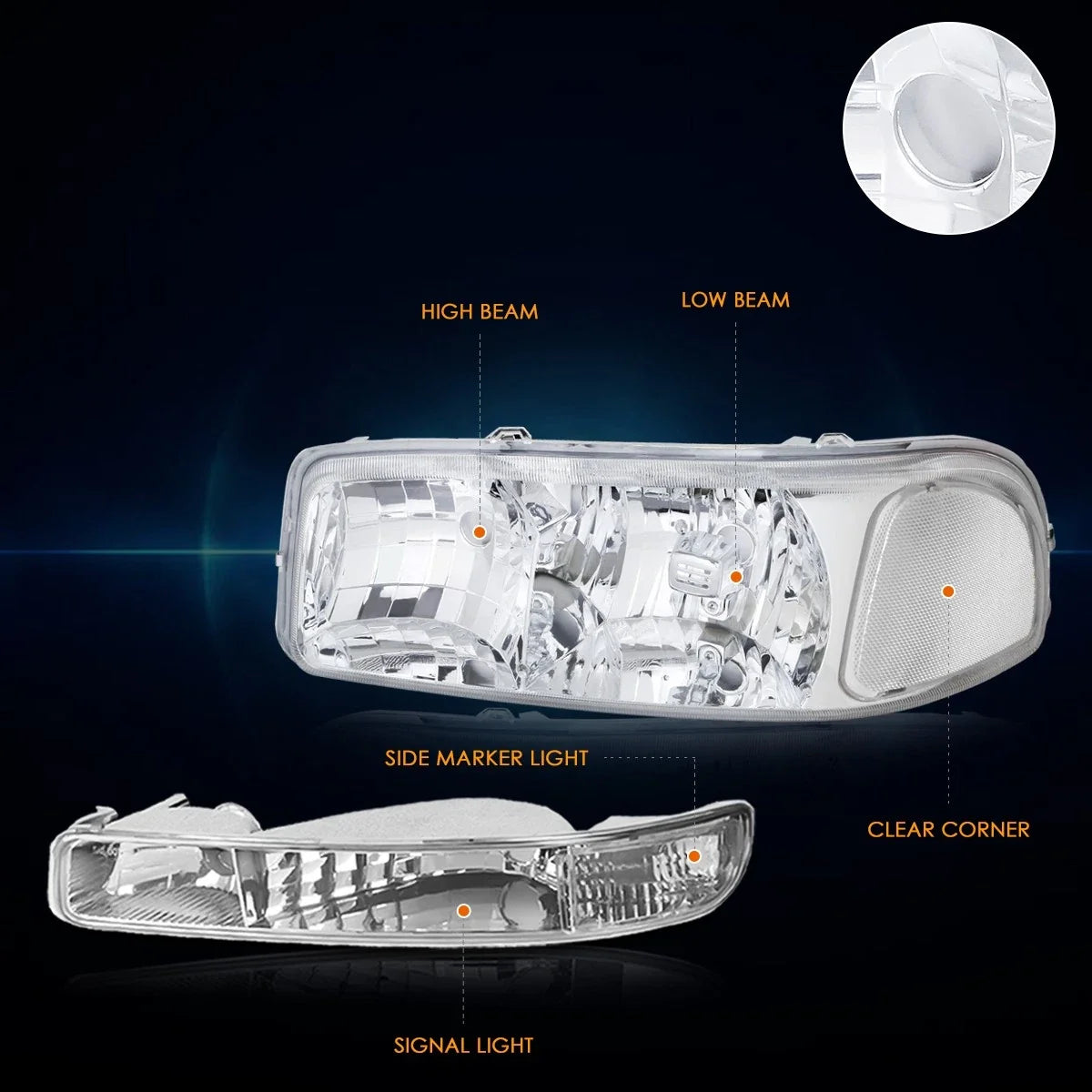 Chrome Housing Bumper Headlight Clear Corner Lamps for Sierra Yukon (1999–2007)