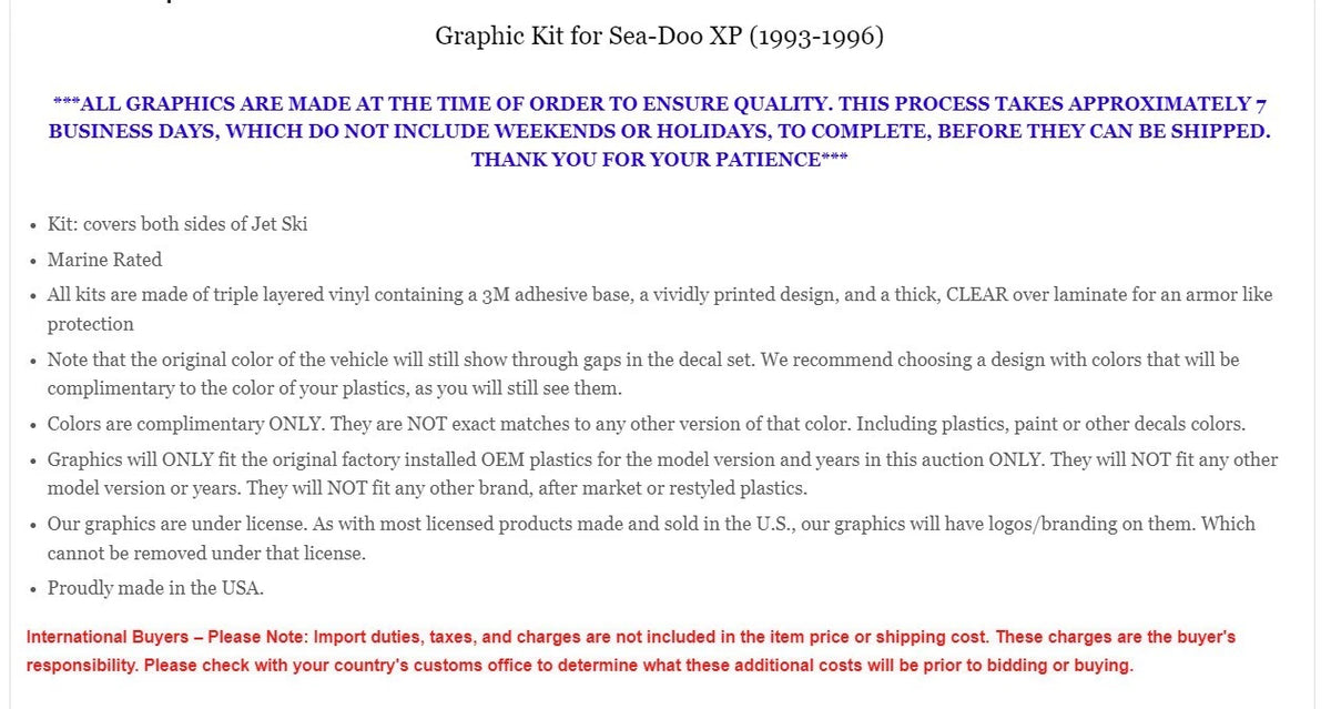 Graphics Kit Decal Sticker for Sea-Doo XP (1993–1996)