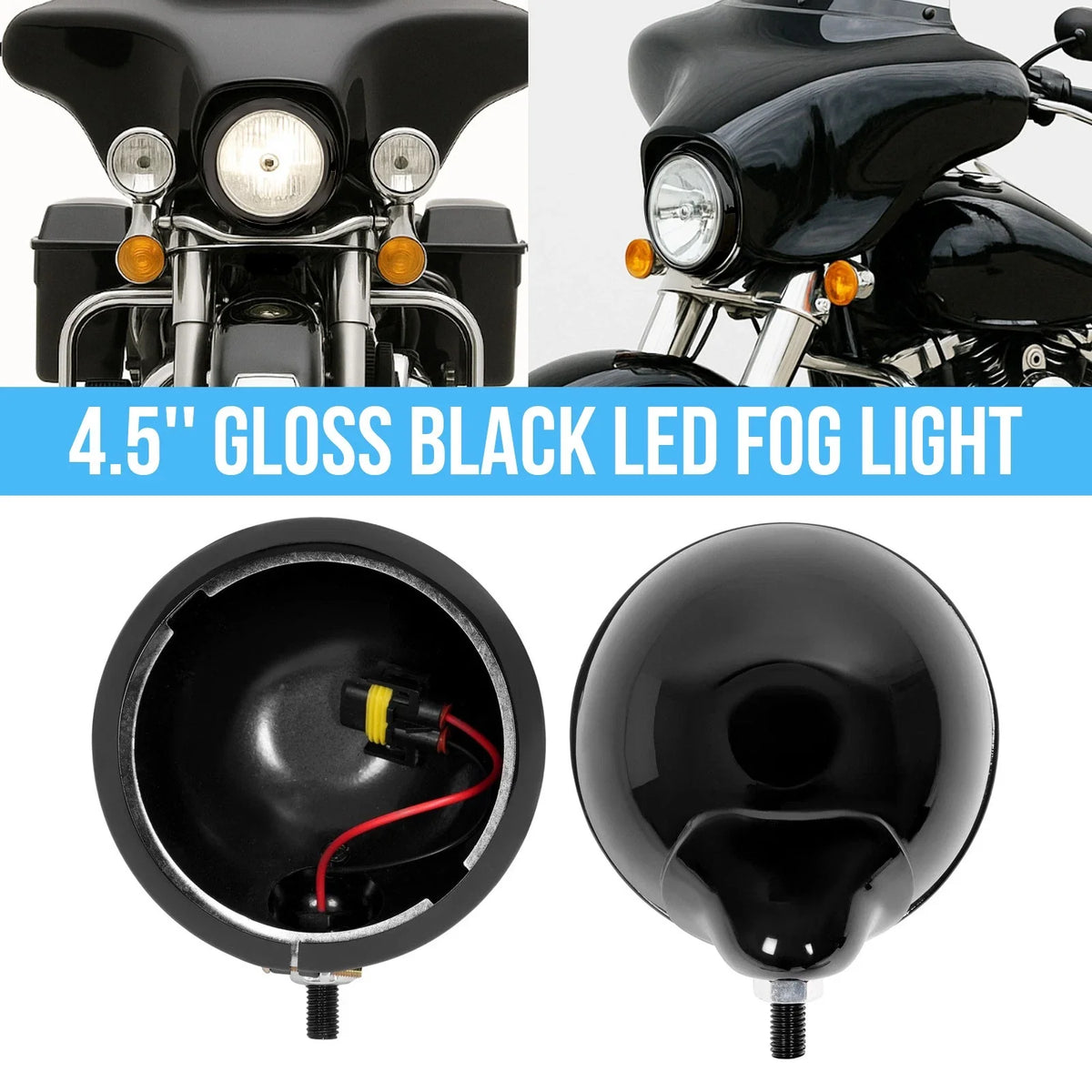 2X 4.5'' Gloss Black LED Fog Light Housing for Harley
