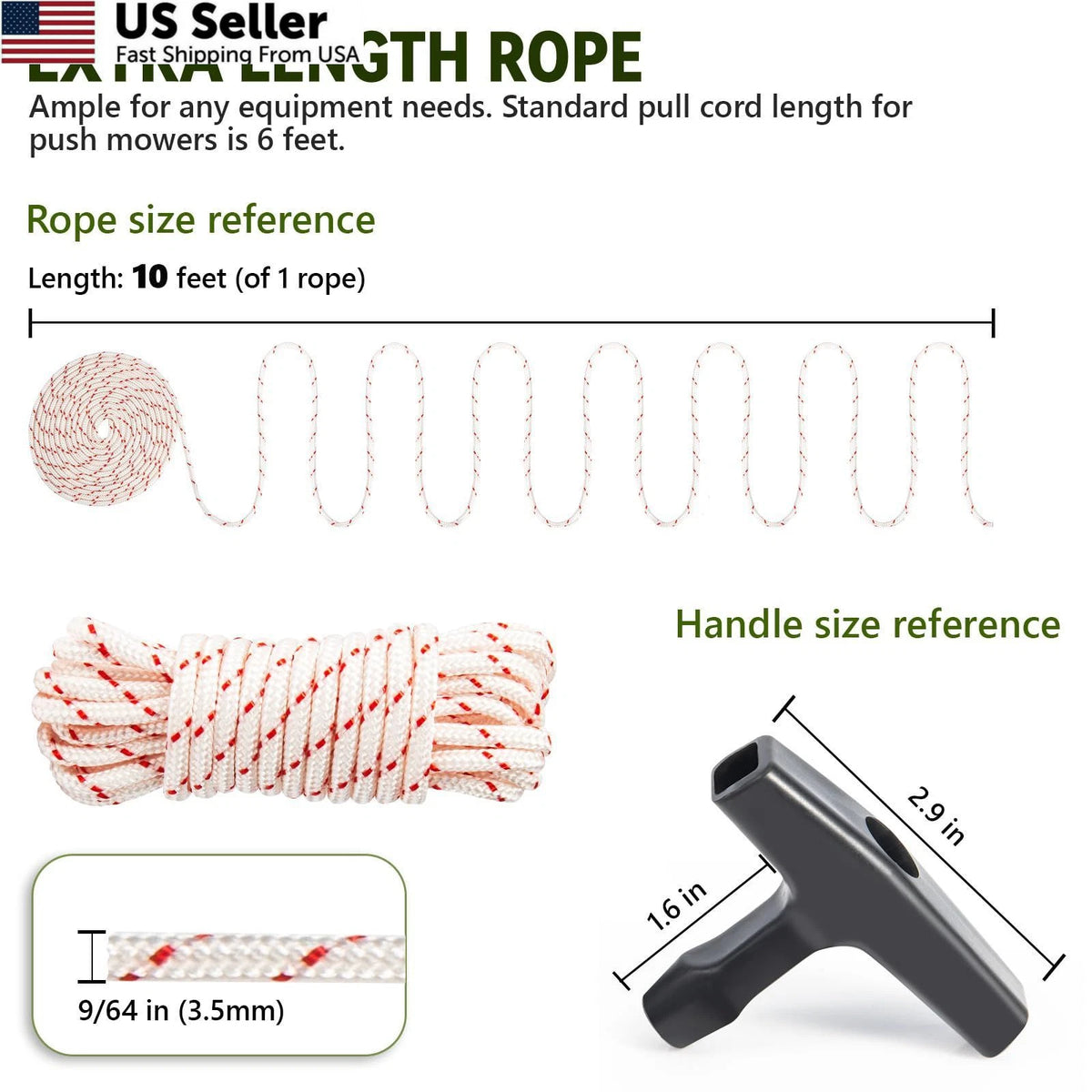 3-Pack 10ft Pull Cord Rope 3.5mm with Handle for Lawn Mower Generator Chainsaw