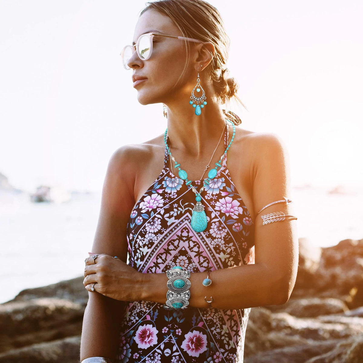 3 Pieces Bohemian Turquoise Jewelry Set for Women