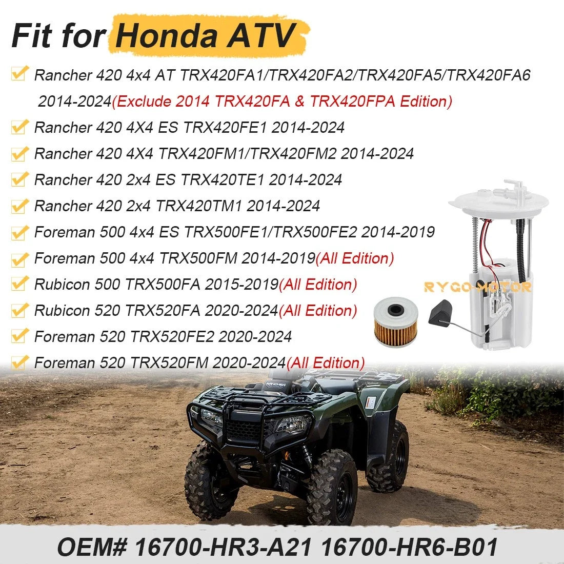 Fuel Pump & Oil Filter for Honda TRX420 TRX500 TRX520 (2007–2023)