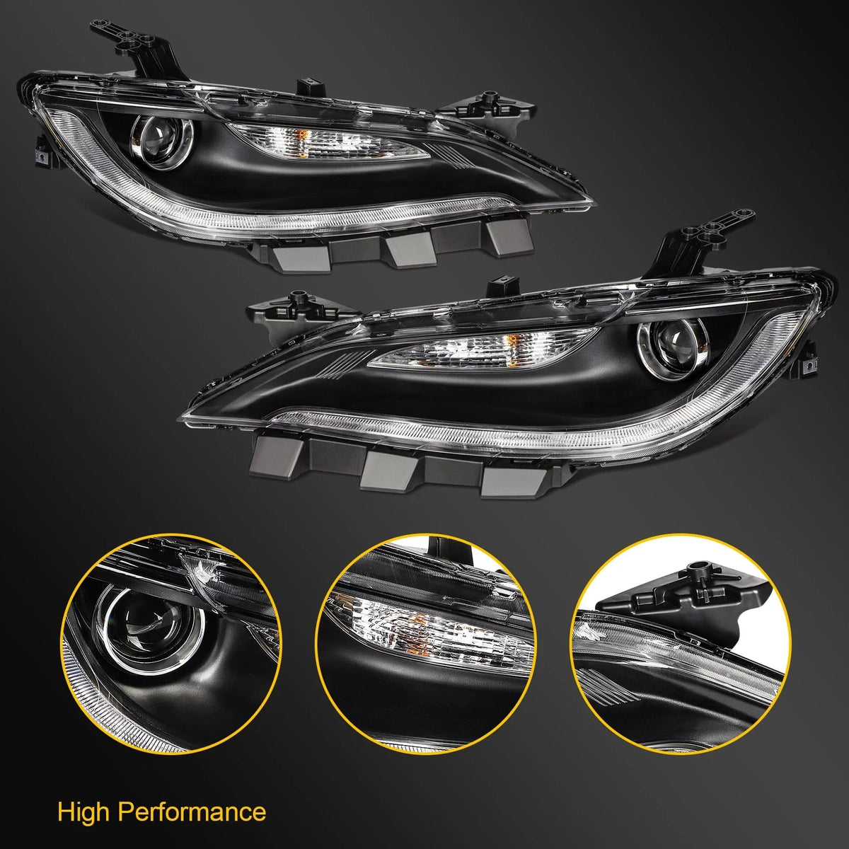 Pair Black Halogen Headlight Assembly with DRL Projector for Chrysler 200 (2015–2017)