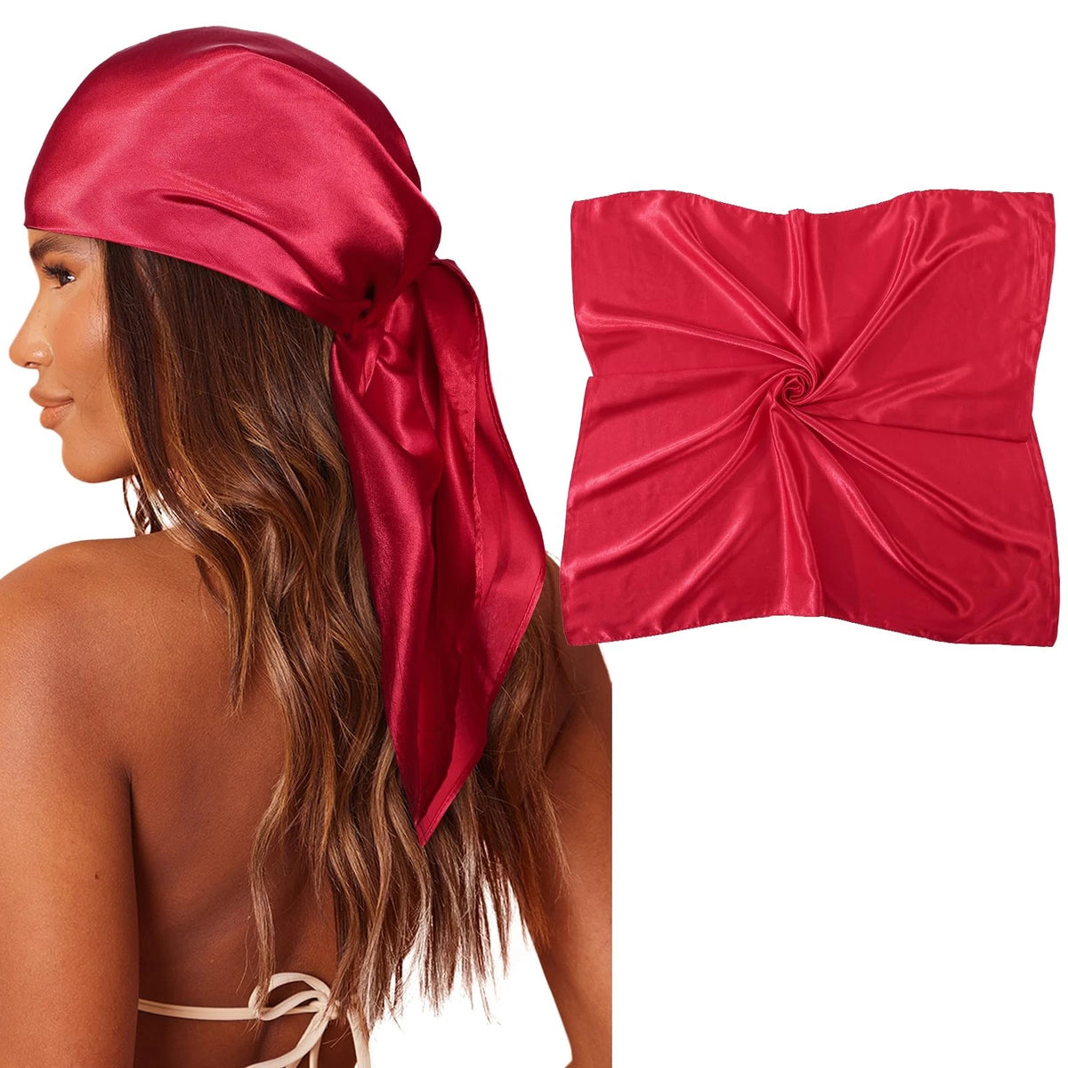 35" Large Square Satin Head Scarf for Hair - Red