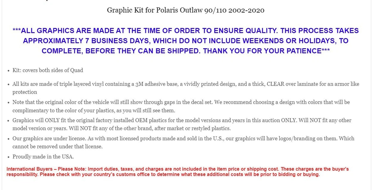 Decal Graphic Sticker Kit for Polaris Outlaw 90 110 (2002–2020)
