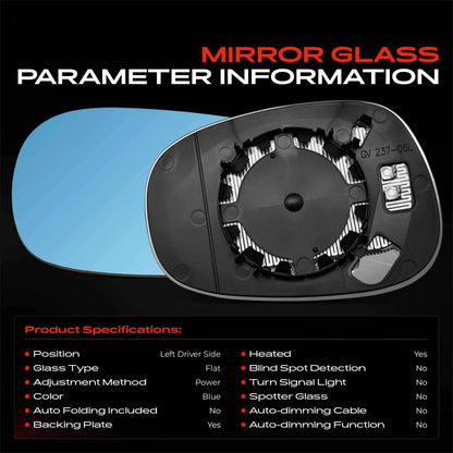 Driver Blue Power Mirror Glass with Heated for BMW 328i xDrive 135i (2012–2013) - 51167158907