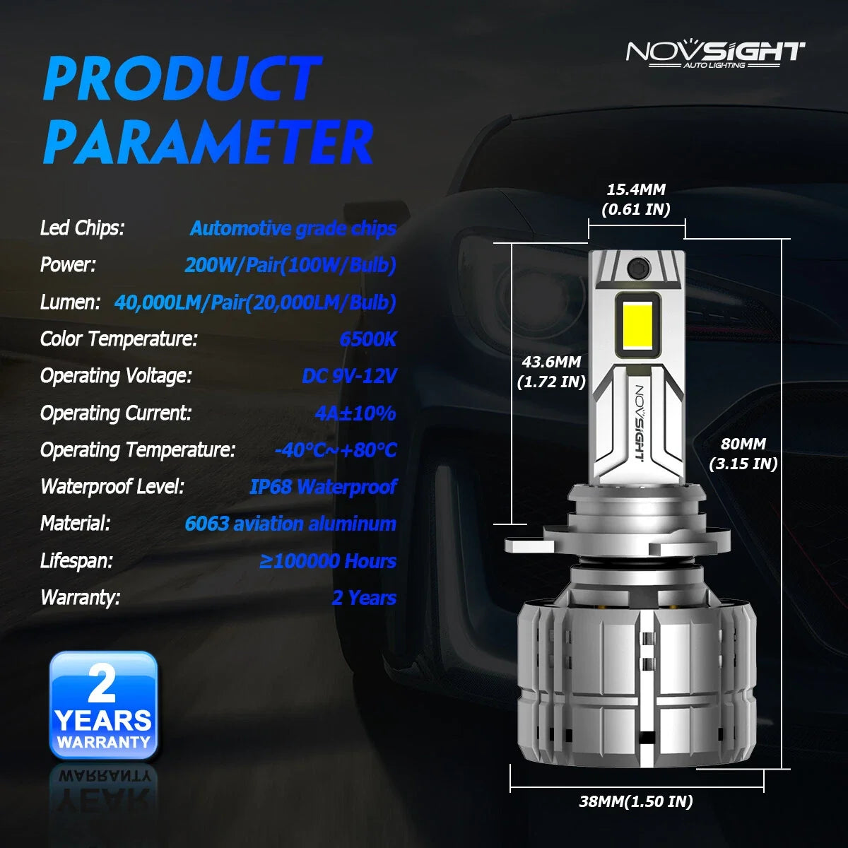 2X NOVSIGHT 9012 HIR2 LED Headlight Bulbs Kit 40000LM for