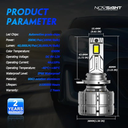 2X NOVSIGHT 9012 HIR2 LED Headlight Bulbs Kit 40000LM for