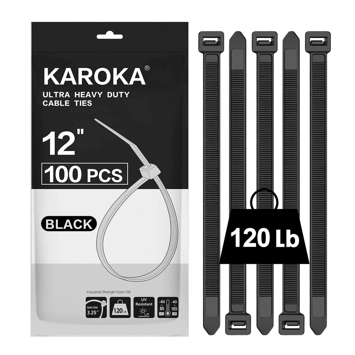 Set of 100 Heavy Duty 12" Zip Ties 120lb Black