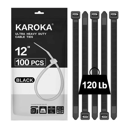 Set of 100 Heavy Duty 12" Zip Ties 120lb Black
