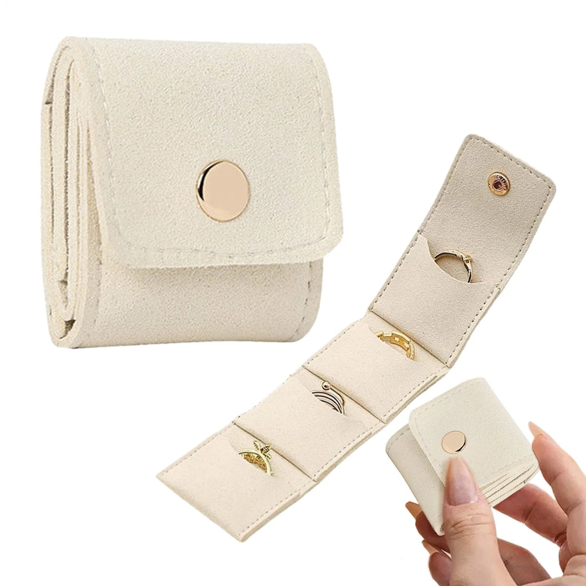 2X Beige Mini Travel Jewelry Organizer Bag Roll Up Case