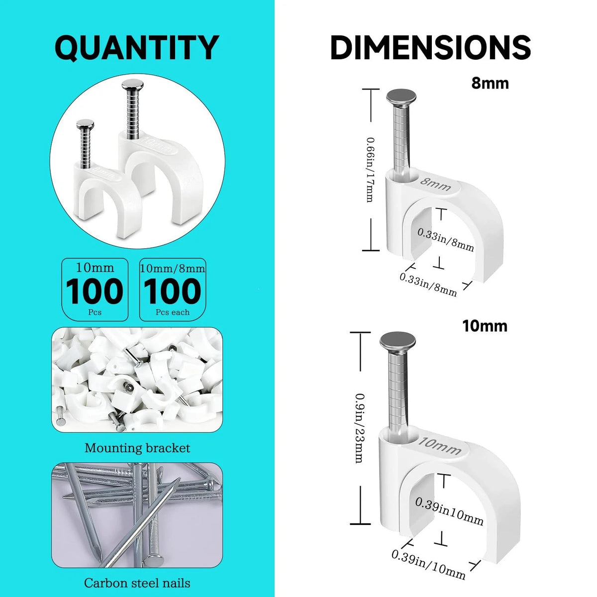 100PCS 10mm Cable Staples Clips for Wire Management