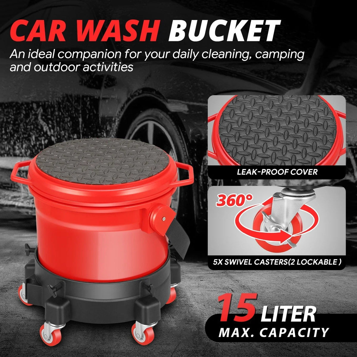 Car Wash Bucket Dolly with Lid and Dirt Trap for Universal Use (15L)