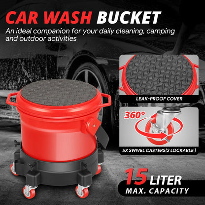 Car Wash Bucket Dolly with Lid and Dirt Trap for Universal Use (15L)