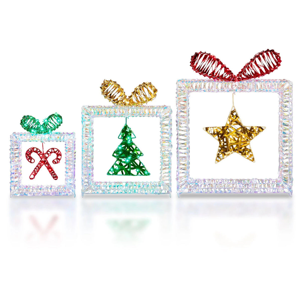 Set of 3 Lighted Iridescent Cut-out Gift Box Christmas Decorations