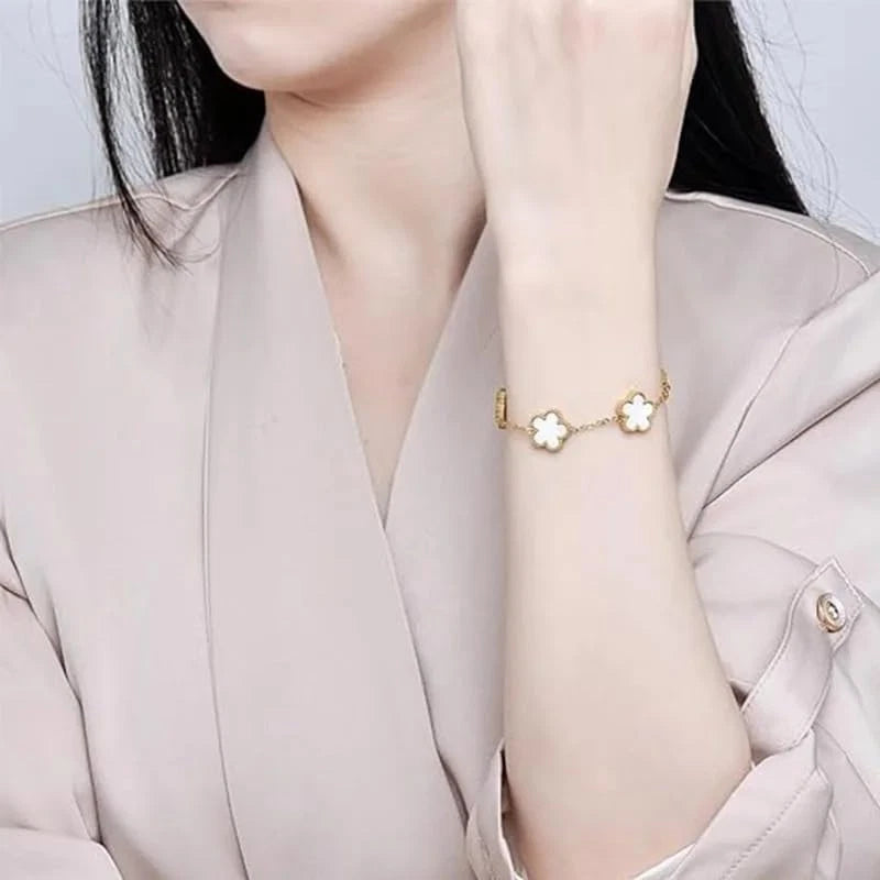 18K Gold Plated Four-Leaf Clover Bracelet for Large, White