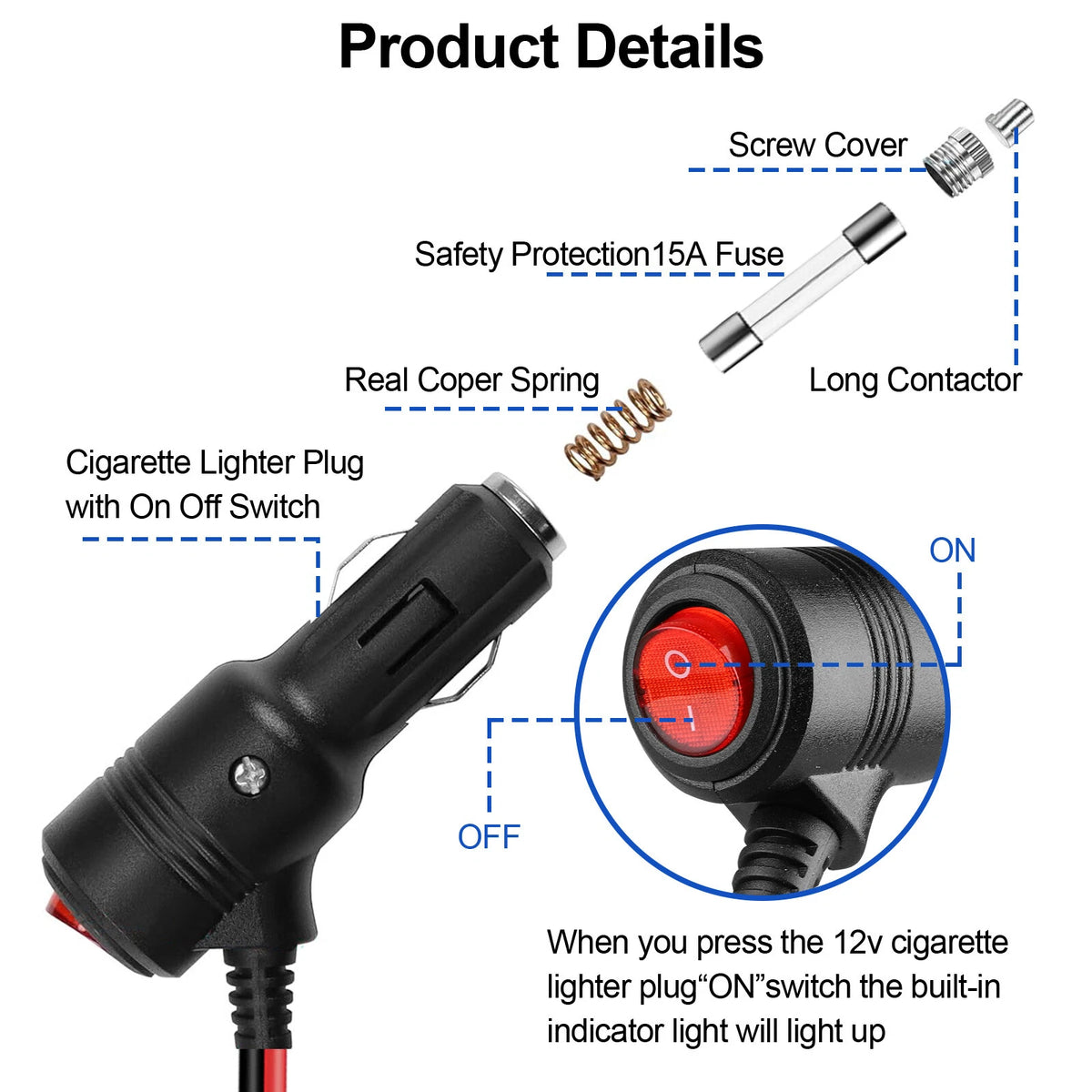 2X Fused LED Car Cigarette Lighter Plug Socket Adapter 12-24V with Switch