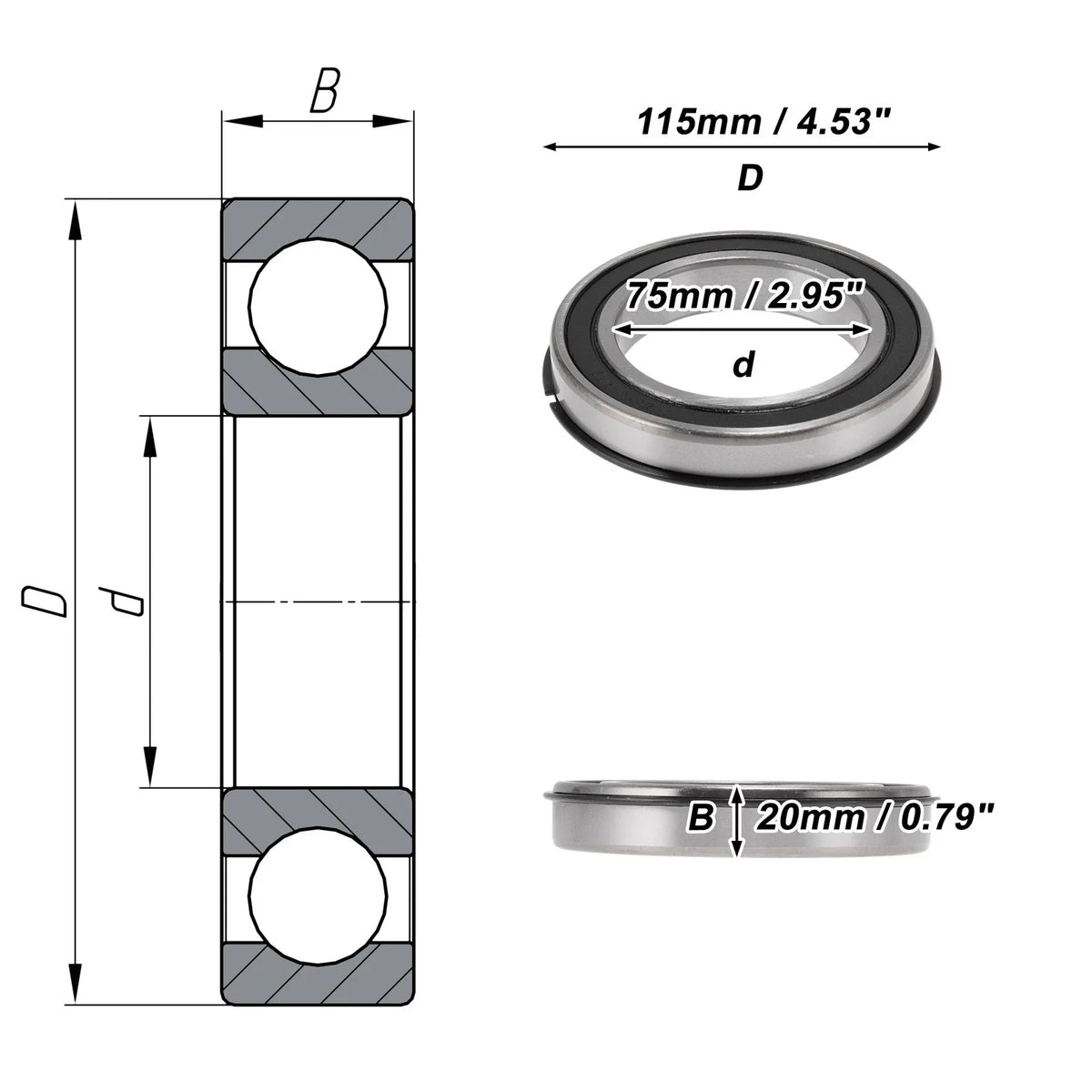 6015NR2RS Deep Groove Ball Bearings for Scooter Skateboard Wheel (75x115x20mm)