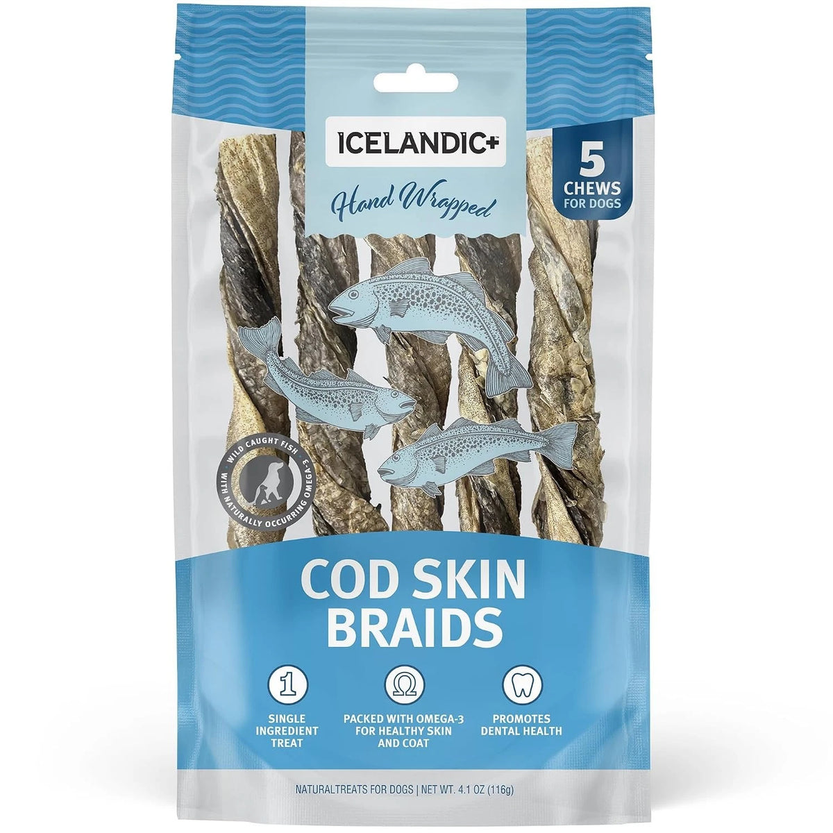 5 Pack Icelandic Cod Skin Braids Dog Treat Chews 5.5-7" Sticks