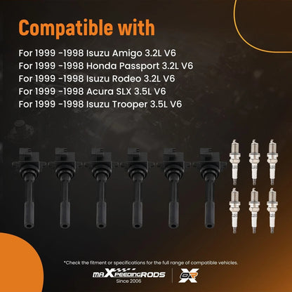 Set of 6 Ignition Coils & Spark Plugs for Isuzu Amigo Rodeo (1998–1999) UF245