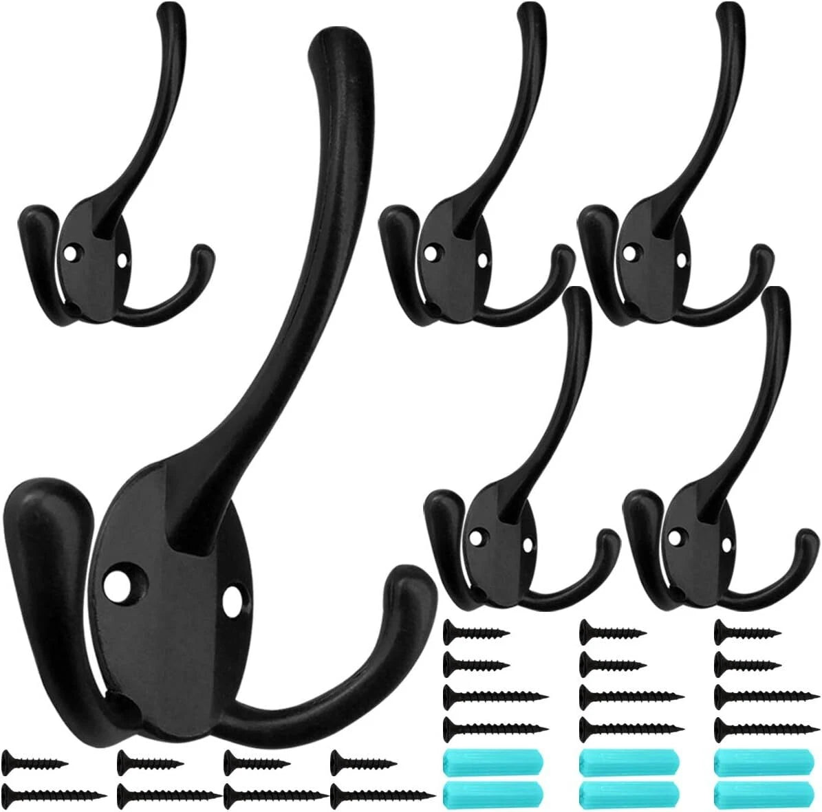 Set of 6 Heavy Duty Three Prong Coat Hooks Wall Mounted