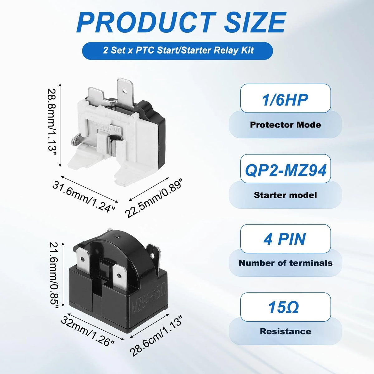 Set of 2 PTC Refrigerator Starter Relay 15 Ohm 4 Pin 1/6HP for Automotive