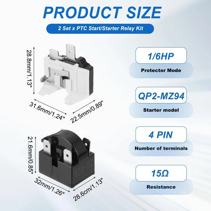 Set of 2 PTC Refrigerator Starter Relay 15 Ohm 4 Pin 1/6HP for Automotive
