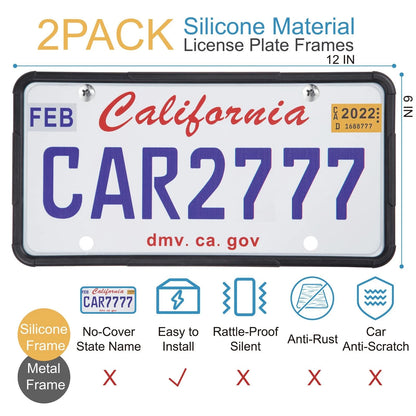 2X Matte Black Silicone License Plate Frames for Universal Fit
