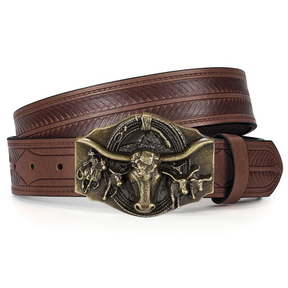 Leather Belt for Western Cowboy Style (Fit Size 34"-37") - Coffee
