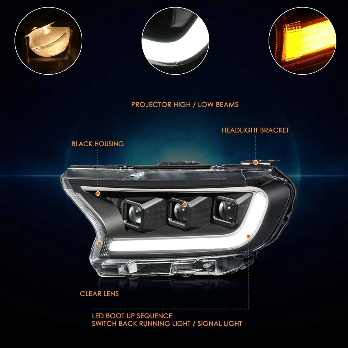LED DRL Switchback Turn Signal Projector Headlights for Ford Ranger (2019–2023)