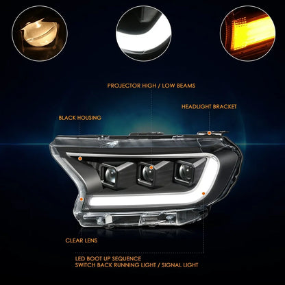 LED DRL Switchback Turn Signal Projector Headlights for Ford Ranger (2019–2023)