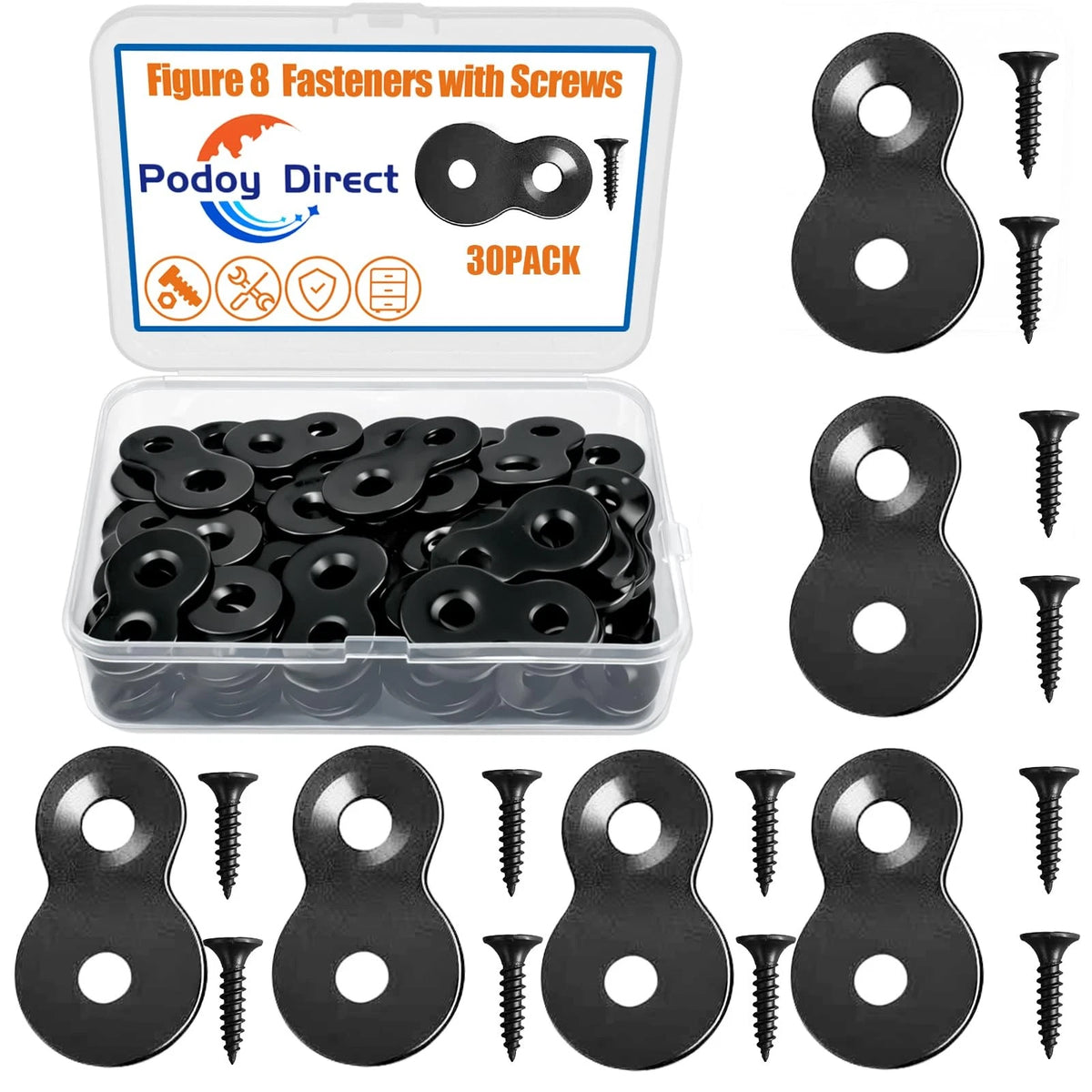 Pack of 30 Figure 8 Table Top Fasteners with Screws - Heavy Black