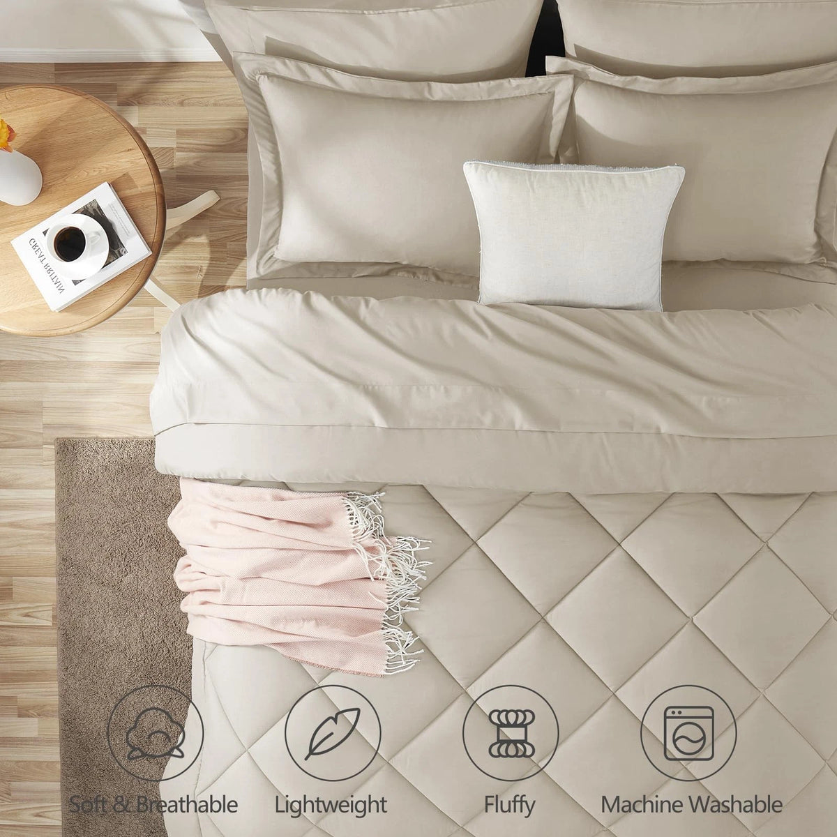 CozyLux Queen Comforter Set - Oatmeal (Bed in a Bag)