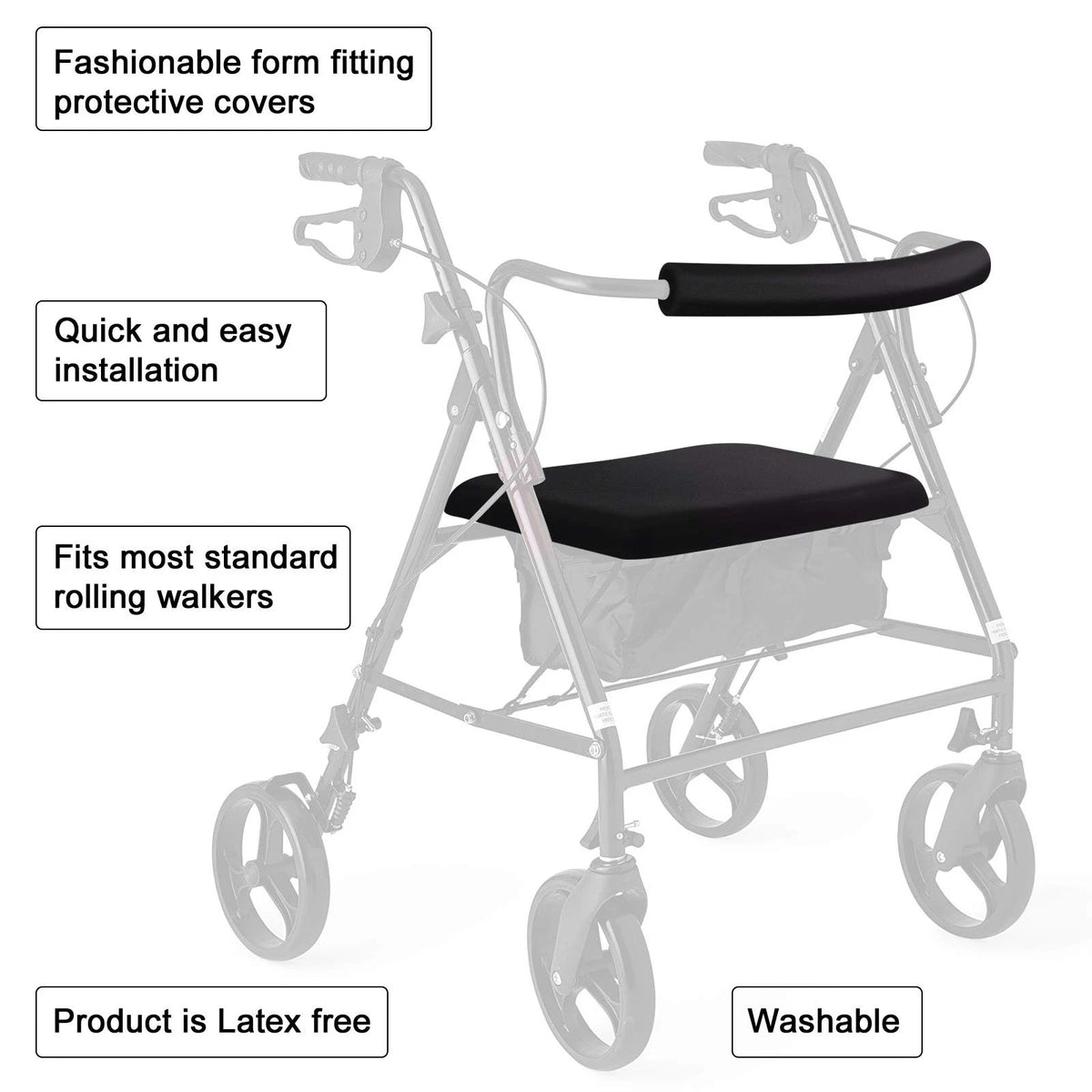 Set of 2 Rollator Walker Seat & Backrest Covers - Adjustable Black