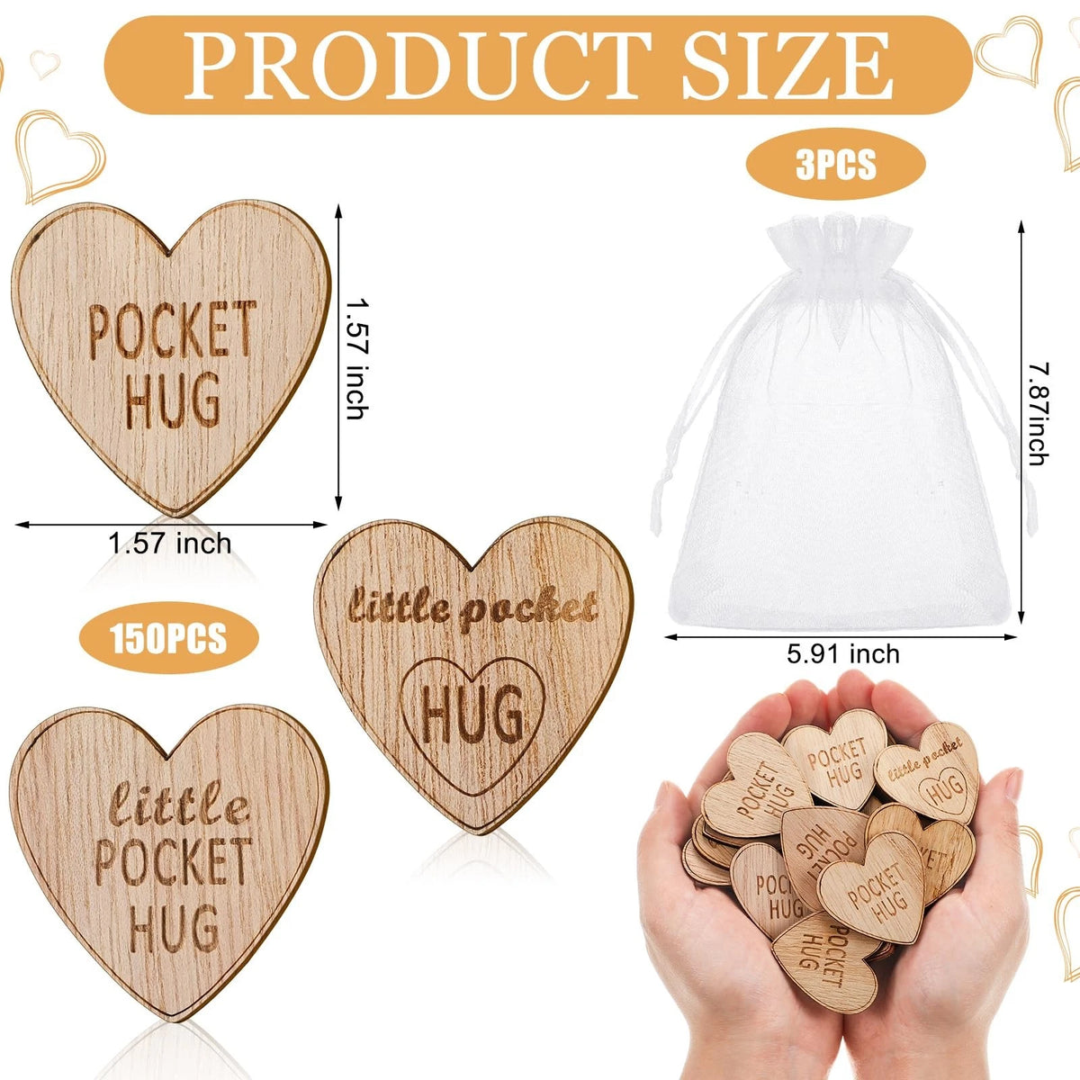 150 Pcs Wooden Pocket Hug Tokens with 3 Organza Bags for Remembrance