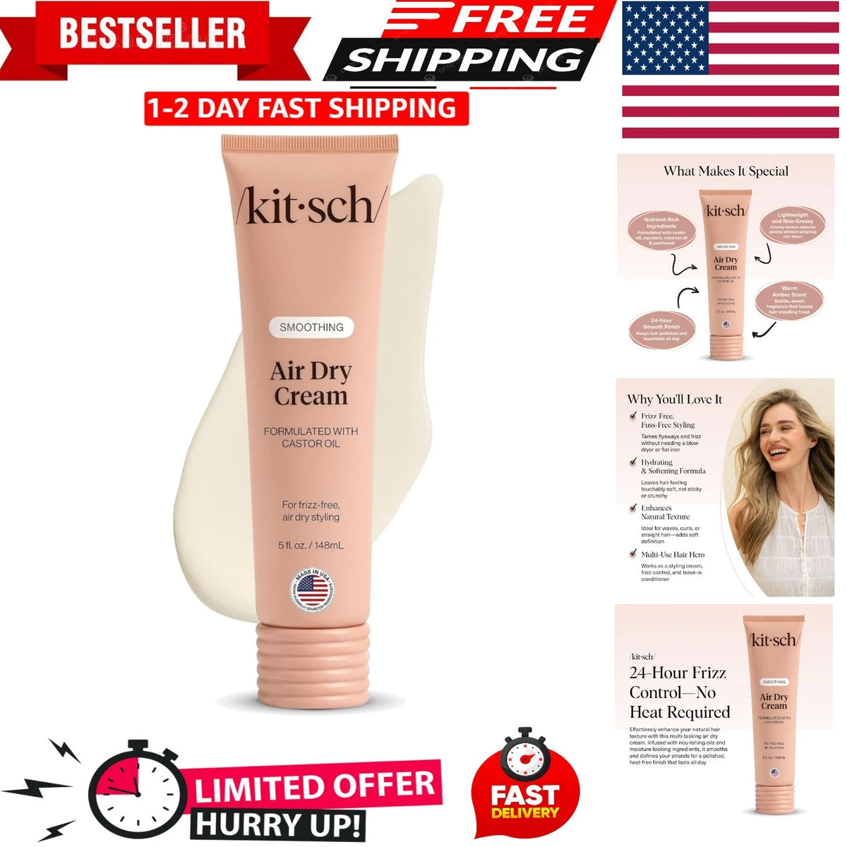 Kitsch Smoothing Air Dry Cream for Hair (Frizz Control)